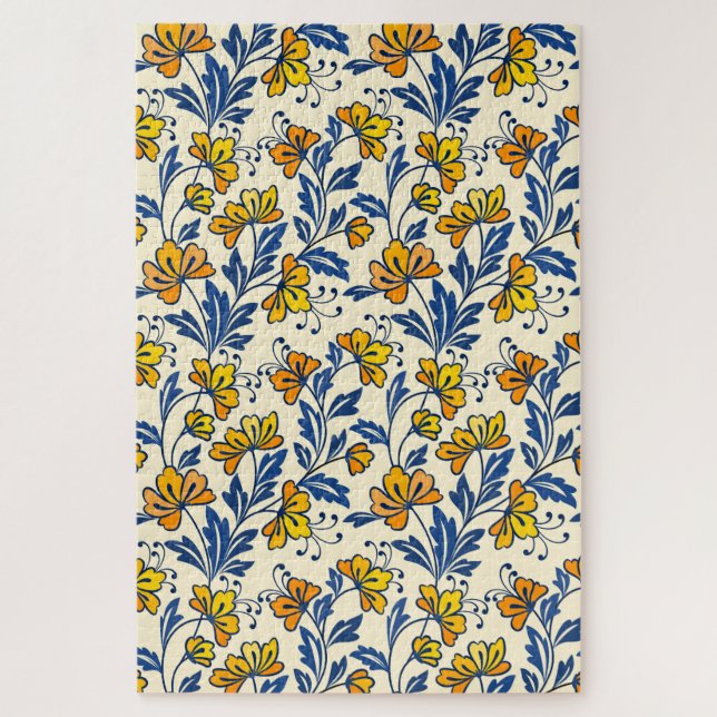 Puzzle Fleur Bleue Feuillue de Style Folk Orange Jaune Vi (Vertical)
