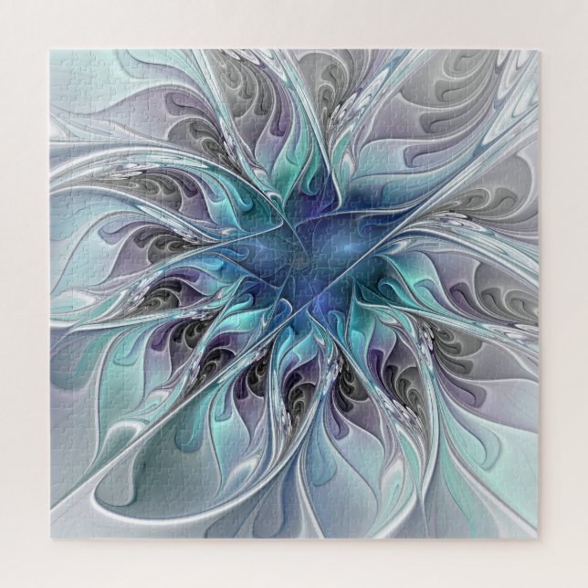 Puzzle Fleur de fractale moderne abstraite avec du bleu (Vertical)