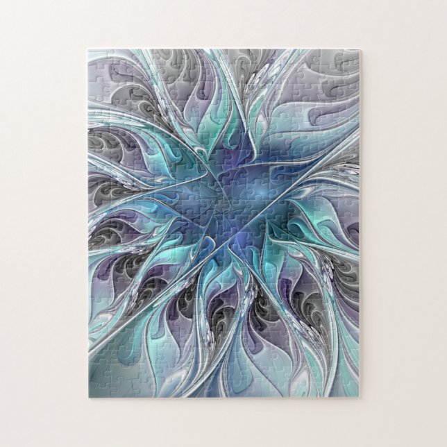 Puzzle Fleur de fractale moderne abstraite avec du bleu (Vertical)