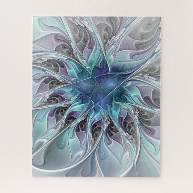 Puzzle Fleur de fractale moderne abstraite avec du bleu (Vertical)