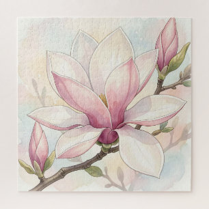 Puzzle Fleur de magnolia rose délicate à l'aquarelle