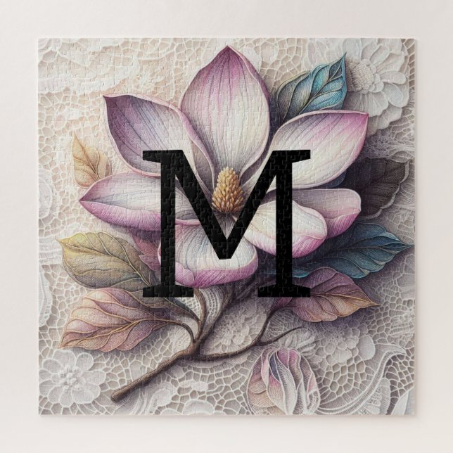 Puzzle Fleur de magnolia violet rose de dentelle de monog (Vertical)