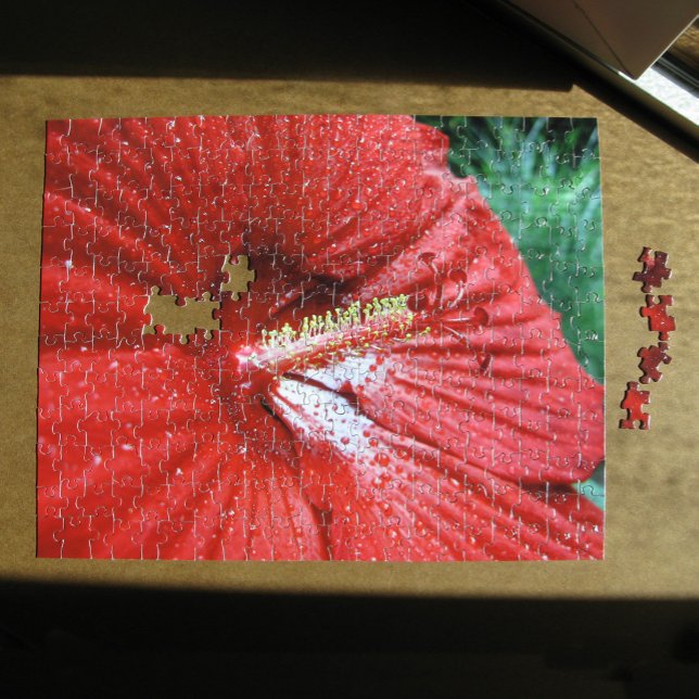 Puzzle Fleur d'Hibiscus Fireball avec Raindrops Photo (Red Fireball Hibiscus Flower With Raindrops Photo Jigsaw Puzzle, in situ)