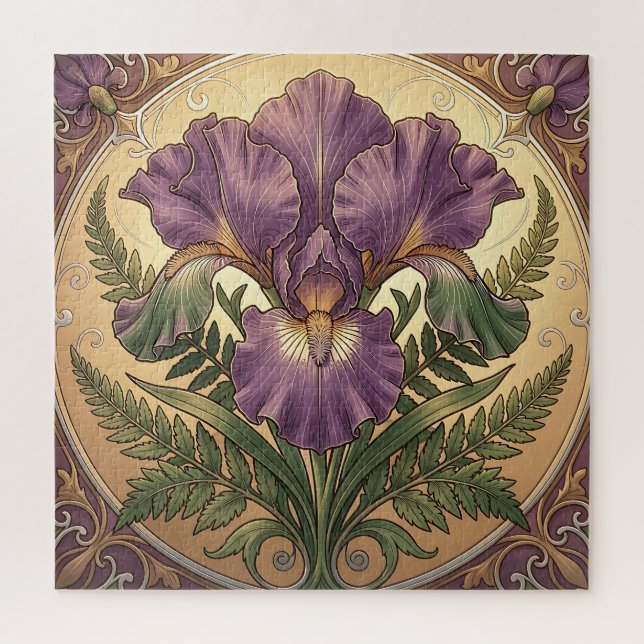 Puzzle Fleur d'iris pourpre Art Nouveau Cadre Orné (Vertical)