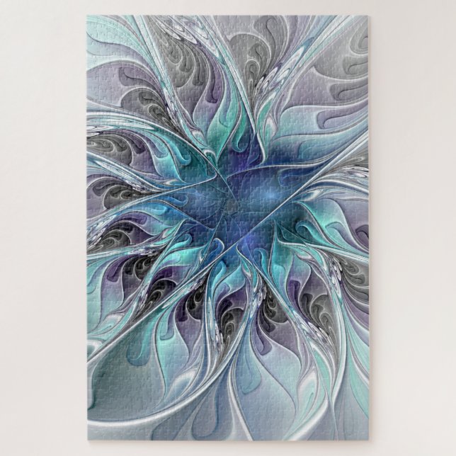 Puzzle Fleur fractale moderne abstraite avec du bleu (Vertical)