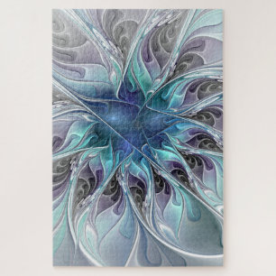 Puzzle Fleur fractale moderne abstraite avec du bleu