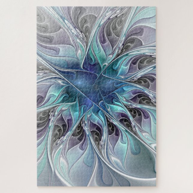 Puzzle Fleur fractale moderne abstraite avec du bleu (Vertical)