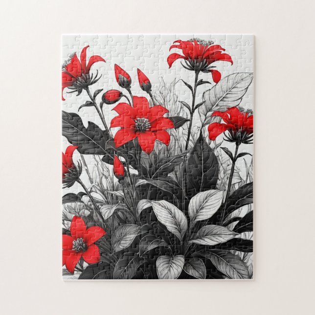Puzzle Fleur rouge sur Plante noir blanc (Vertical)