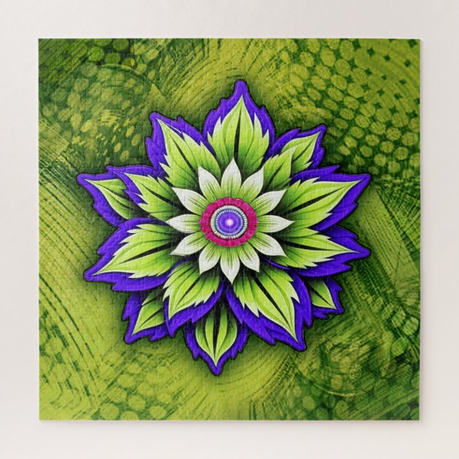 Puzzle Fleur stylisée sur motif vert tourbillonnant (Vertical)