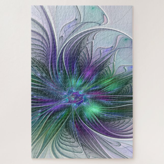 Puzzle Fleur vert violet Art Abstrait moderne Fractal (Vertical)