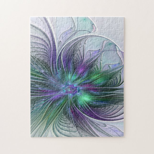 Puzzle Fleur verte abstraite moderne fractale violette (Vertical)