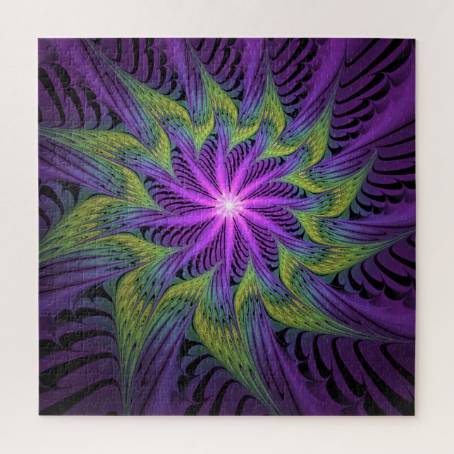 Puzzle Fleur verte violette Art fractal abstrait moderne (Vertical)