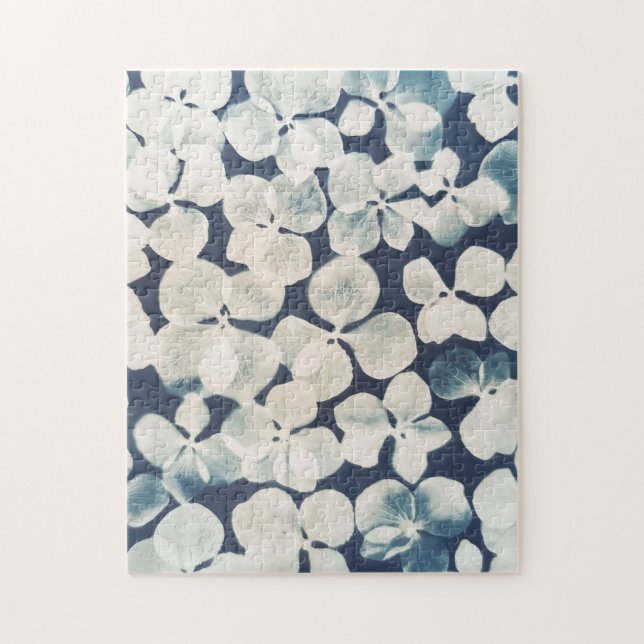 Puzzle fleuri - cyanotype - fleurs d'hortensia (Vertical)