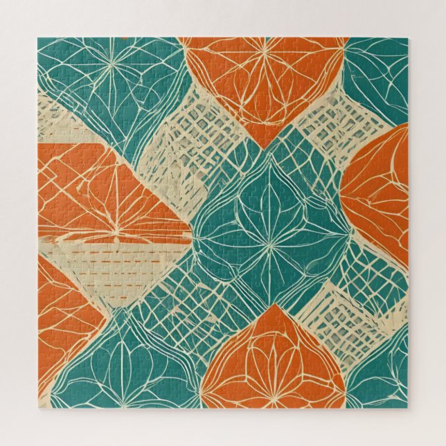 Puzzle Fleurs abstraites sarcelle, orange et chamois (Vertical)