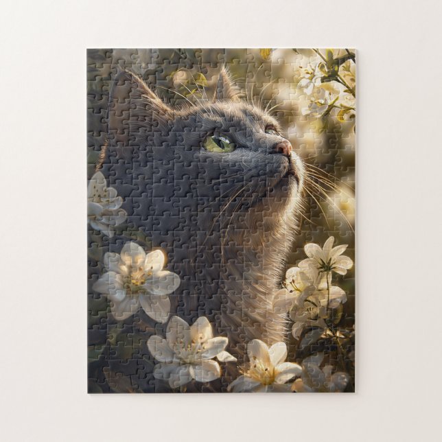 Puzzle Fleurs blanches de chat bleu russe (Vertical)