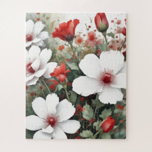 Puzzle Fleurs blanches et rouges Elégante aquarelle