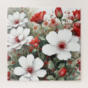 Puzzle Fleurs blanches et rouges Elégante aquarelle