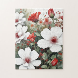 Puzzle Fleurs blanches et rouges Elégante aquarelle