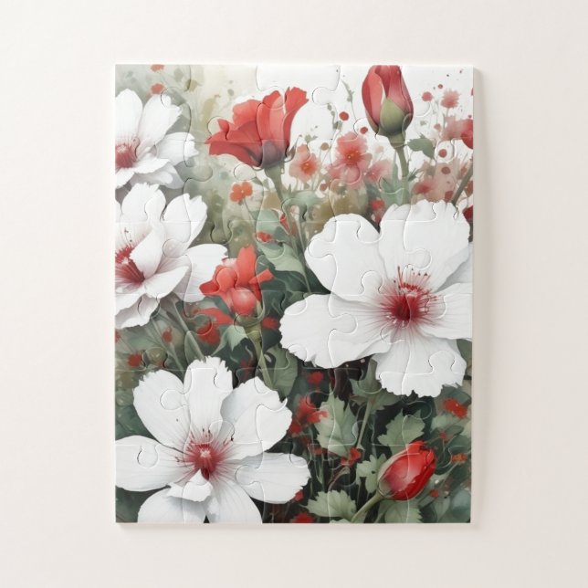Puzzle Fleurs blanches et rouges Elégante aquarelle (Vertical)
