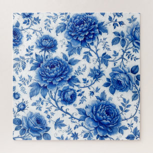 Puzzle Fleurs bleues délavées Roses Pivoines Bleu de coba