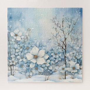 Puzzle Fleurs bleues et blanches en neige hivernale