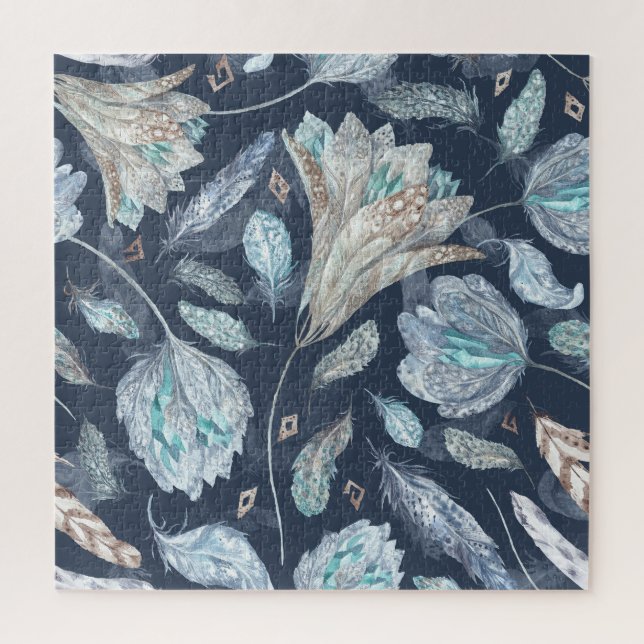 Puzzle Fleurs Boho Chic : Aquarelle bleu foncé P (Vertical)