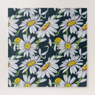 Puzzle Fleurs chamomiles : Aquarelle bleu foncé.