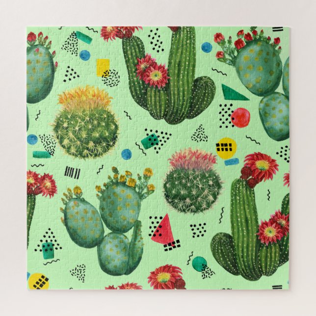 Puzzle Fleurs de cactus : Aquarelle Arrière - plan géomét (Vertical)
