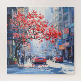 Puzzle Fleurs de cerisier dans un paysage urbain