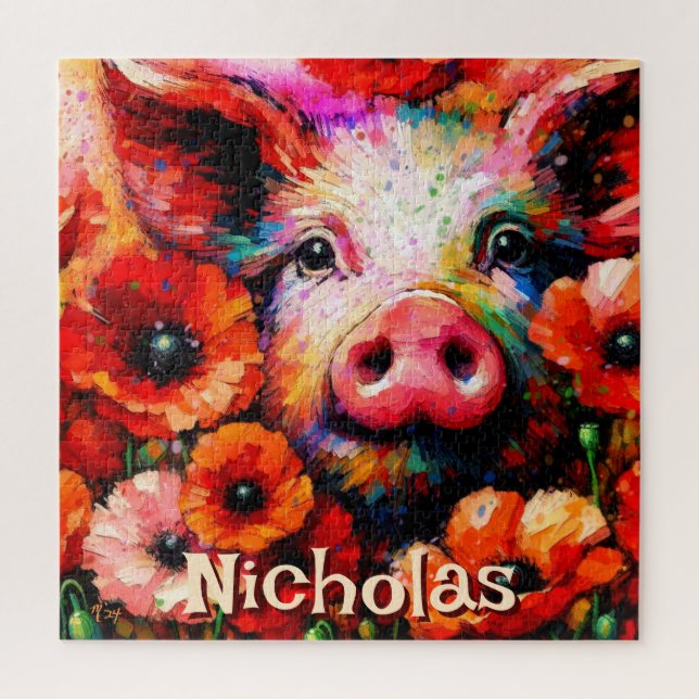 Puzzle Fleurs de cochon rouge impressionniste Personnalis (Vertical)