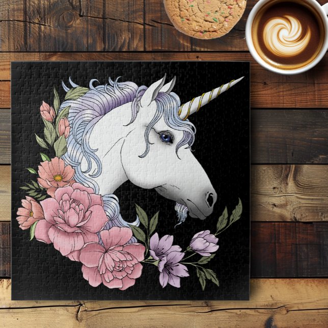 Puzzle Fleurs de licorne blanche enchantée rose noir (Créateur téléchargé)