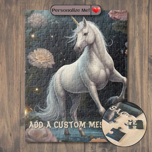 Puzzle Fleurs de licorne blanche personnalisées (Personalized White Unicorn Flowers Jigsaw Puzzle)