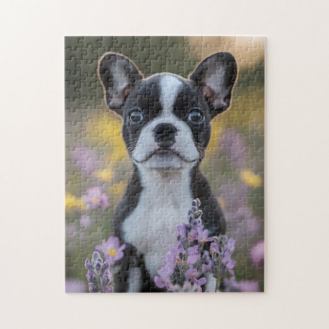 Puzzle Fleurs de lupine de chiot de Boston Terrier (Vertical)
