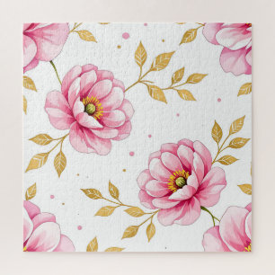 Puzzle Fleurs de pivoine roses motif feuilles dorées
