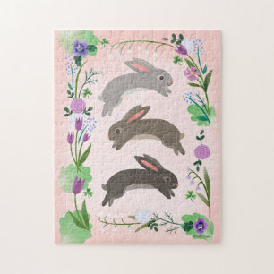 Puzzle Fleurs de printemps et lapins bondissants