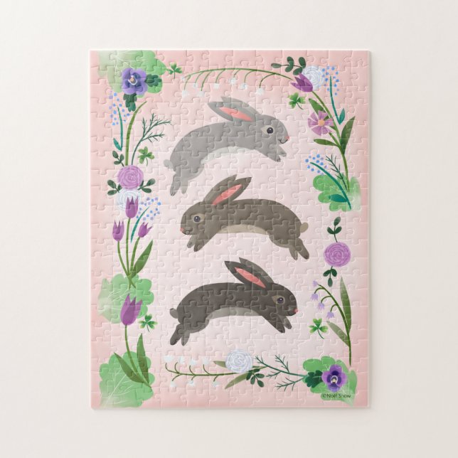 Puzzle Fleurs de printemps et lapins bondissants | (Vertical)