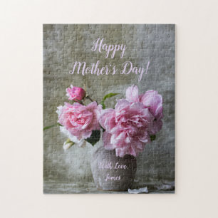 Puzzle Fleurs de Rose de pivoine rose Texte personnalisé