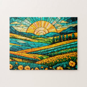 Puzzle Fleurs dorées Campagne verte Faux vitrail