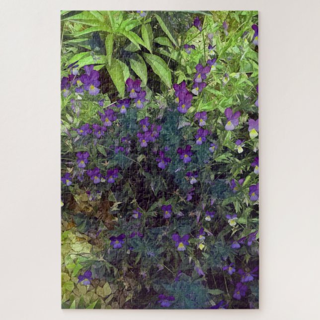 Puzzle Fleurs et feuilles de pensée violettes et vertes (Vertical)