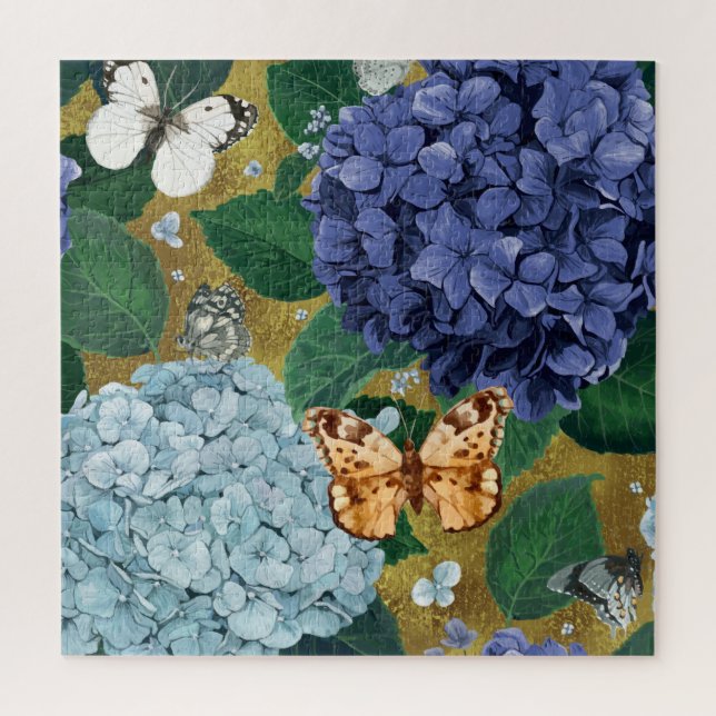 Puzzle Fleurs et papillons bleu Hydrangea (Vertical)