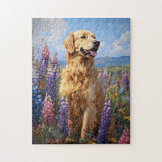 Puzzle Fleurs Lupines Golden Retriever (Vertical)