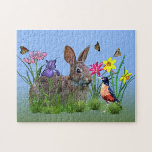 Puzzle Fleurs, Robin, et lapin de ressort