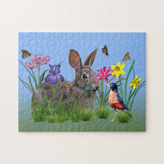 Puzzle Fleurs, Robin, et lapin de ressort (Horizontal)