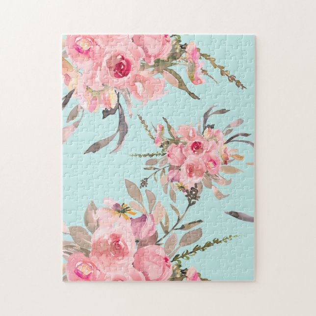 Puzzle Fleurs rose saumon sur fond bleu clair (Vertical)