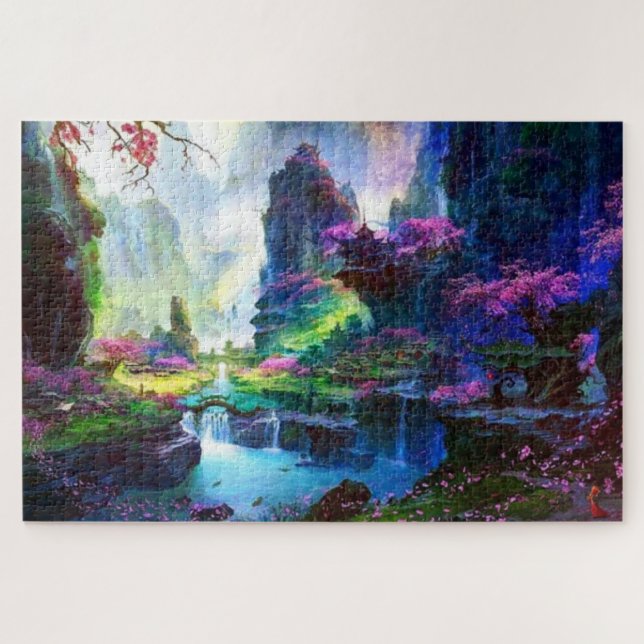 Puzzle Fleurs roses colorées Paysage asiatique (Horizontal)