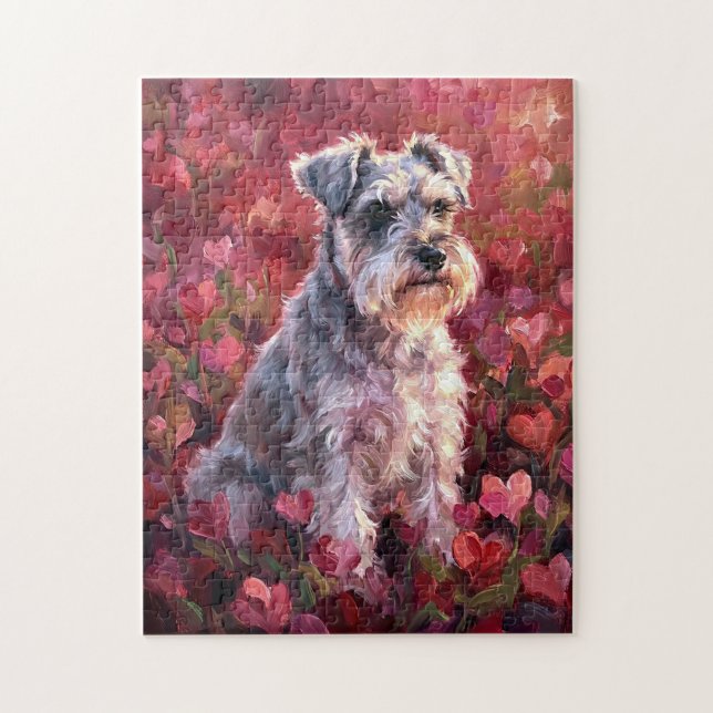 Puzzle Fleurs Sauvages en Forme de Cœur de Schnauzer (Vertical)