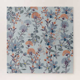 Puzzle Fleurs sauvages sur bleu, motif botanique.