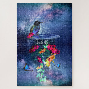 Puzzle Fleurs tropicales, colibri, papillon et étoiles