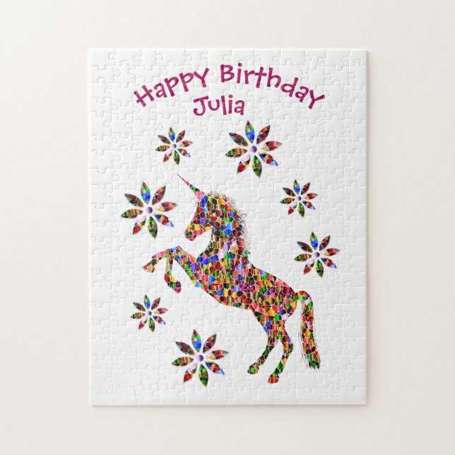 Puzzle Fleurs Unicorne Magique Joyeux Anniversaire Person (Vertical)