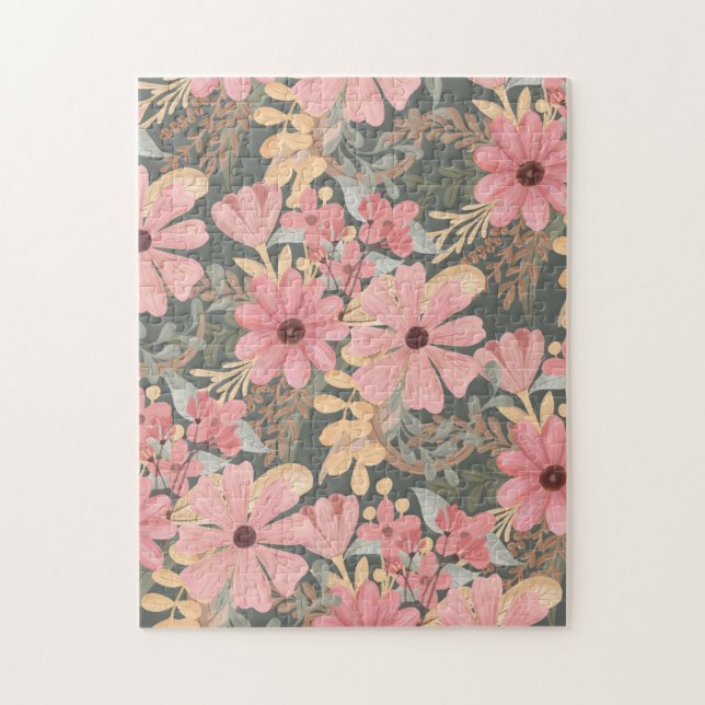Puzzle Fleurs vertes rose Sage Laisser Motif Aquarelle (Vertical)